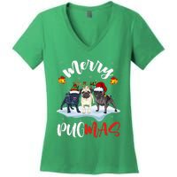 Merry Pugmas Funny Santa Reindeer Elf Pug Dog Christmas Women's V-Neck T-Shirt