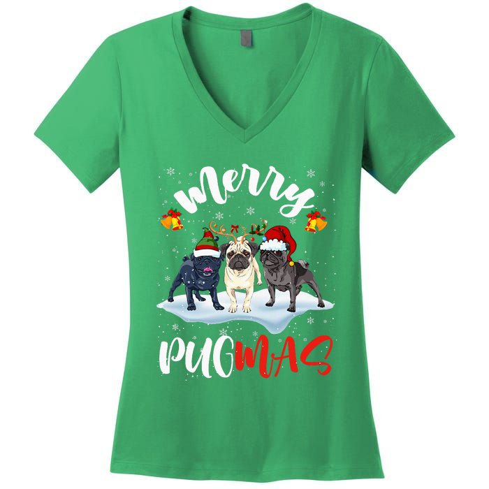 Merry Pugmas Funny Santa Reindeer Elf Pug Dog Christmas Women's V-Neck T-Shirt