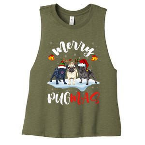 Merry Pugmas Funny Santa Reindeer Elf Pug Dog Christmas Women's Racerback Cropped Tank