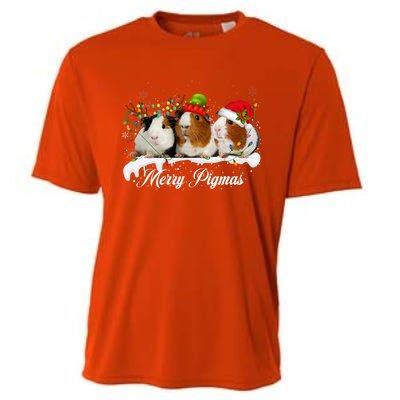 Merry Pigmas Funny Christmas Tree Xmas Light Guinea Pig Gift Cooling Performance Crew T-Shirt