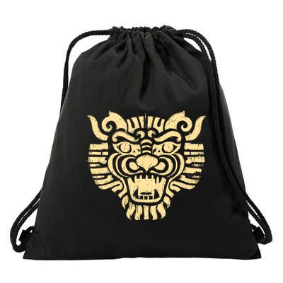 Mystical Primitive Fierce Aztec Warrior Mask Rustic & Aged Drawstring Bag
