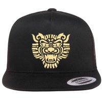 Mystical Primitive Fierce Aztec Warrior Mask Rustic & Aged Flat Bill Trucker Hat