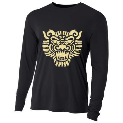 Mystical Primitive Fierce Aztec Warrior Mask Rustic & Aged Cooling Performance Long Sleeve Crew