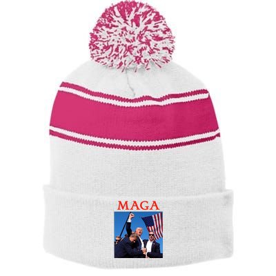 Maga Pray For Trump Trump Rally Shooting Donald Trump Statement Stripe Pom Pom Beanie