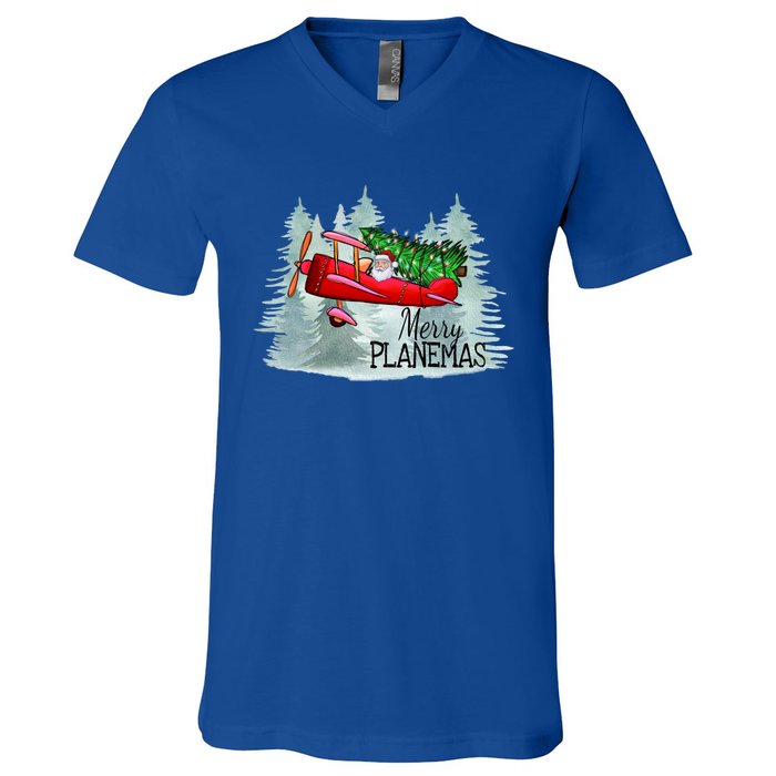 Merry Planemas Funny Pilot Airplane Christmas Cute Gift Captain Great Gift V-Neck T-Shirt