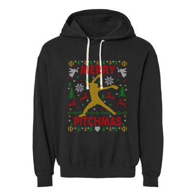 Merry Pitchmas Fastpitch Softball Pitcher Ugly Christmas Garment-Dyed Fleece Hoodie