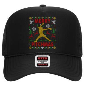 Merry Pitchmas Fastpitch Softball Pitcher Ugly Christmas High Crown Mesh Back Trucker Hat