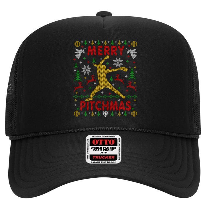 Merry Pitchmas Fastpitch Softball Pitcher Ugly Christmas High Crown Mesh Back Trucker Hat