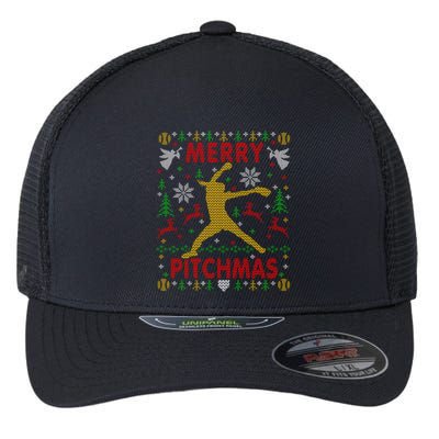 Merry Pitchmas Fastpitch Softball Pitcher Ugly Christmas Flexfit Unipanel Trucker Cap