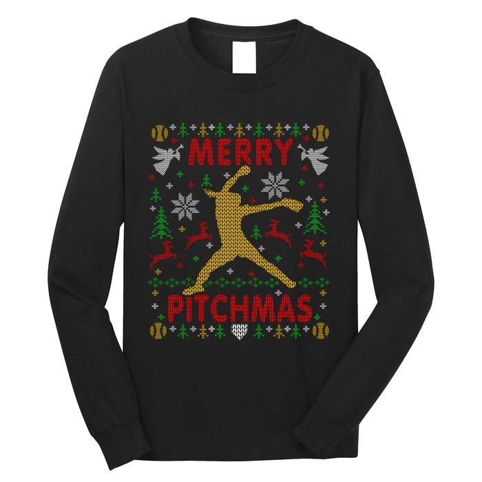 Merry Pitchmas Fastpitch Softball Pitcher Ugly Christmas Long Sleeve Shirt