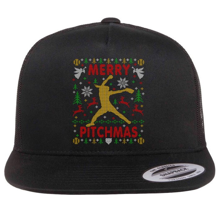 Merry Pitchmas Fastpitch Softball Pitcher Ugly Christmas Flat Bill Trucker Hat