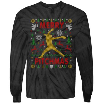 Merry Pitchmas Fastpitch Softball Pitcher Ugly Christmas Tie-Dye Long Sleeve Shirt