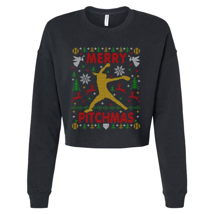 Merry Pitchmas Fastpitch Softball Pitcher Ugly Christmas Cropped Pullover Crew