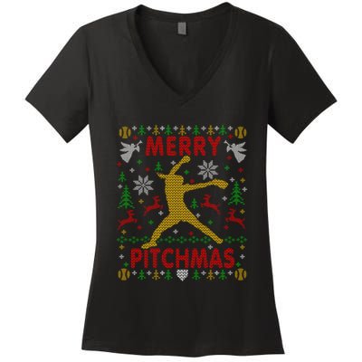 Merry Pitchmas Fastpitch Softball Pitcher Ugly Christmas Women's V-Neck T-Shirt