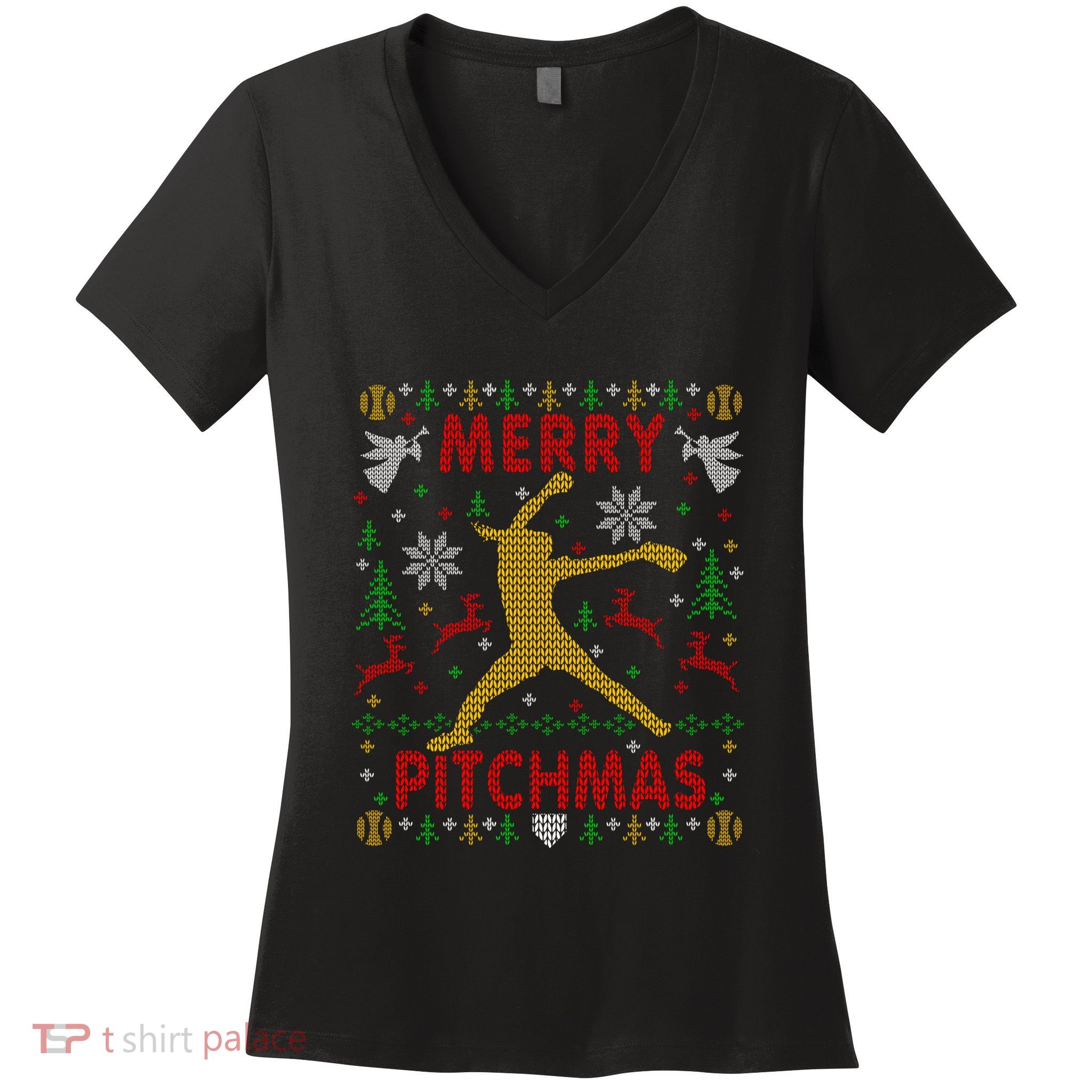 Merry Pitchmas Fastpitch Softball Pitcher Ugly Christmas Women's V-Neck T-Shirt