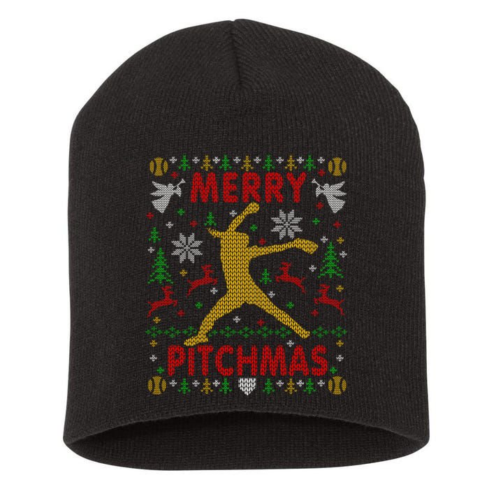 Merry Pitchmas Fastpitch Softball Pitcher Ugly Christmas Short Acrylic Beanie