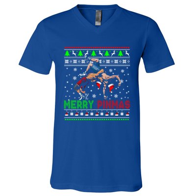 Merry Pinmas Funny Christmas Santa Wrestling Group Gift V-Neck T-Shirt