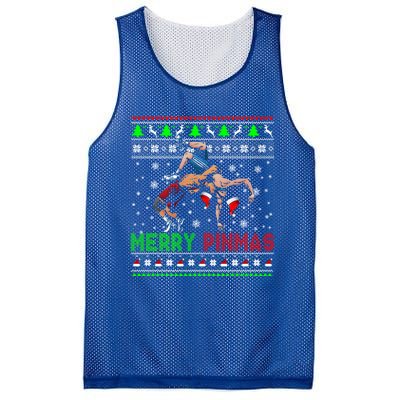 Merry Pinmas Funny Christmas Santa Wrestling Group Gift Mesh Reversible Basketball Jersey Tank