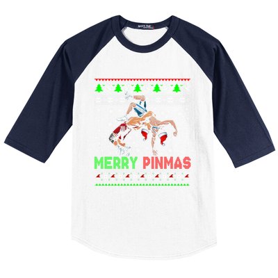 Merry Pinmas Funny Christmas Santa Wrestling Group Gift Baseball Sleeve Shirt