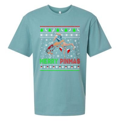 Merry Pinmas Funny Christmas Santa Wrestling Group Gift Sueded Cloud Jersey T-Shirt