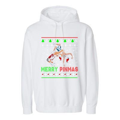 Merry Pinmas Funny Christmas Santa Wrestling Group Gift Garment-Dyed Fleece Hoodie