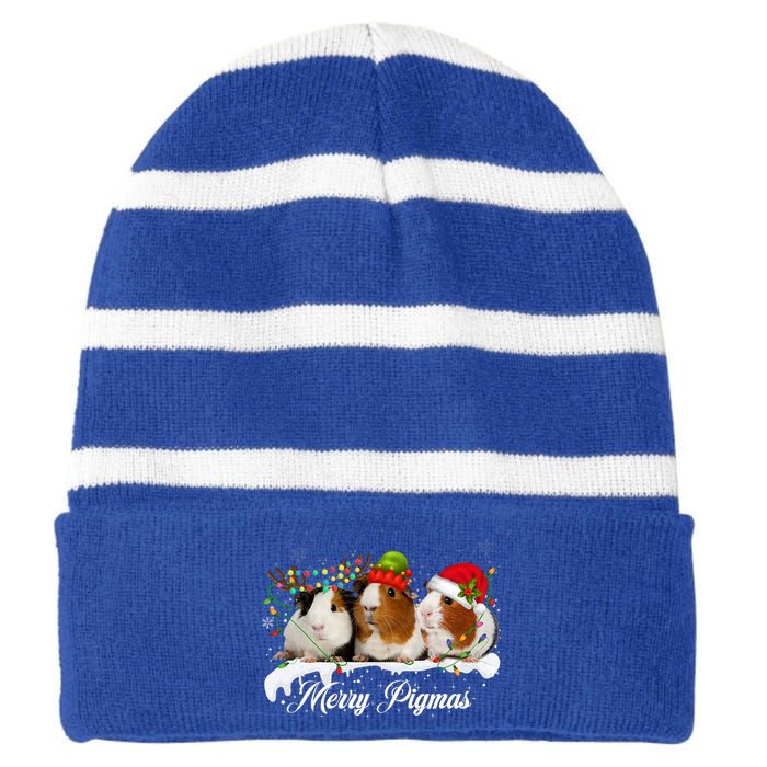 Merry Pigmas Funny Christmas Tree Xmas Light Guinea Pig Gift Striped Beanie with Solid Band