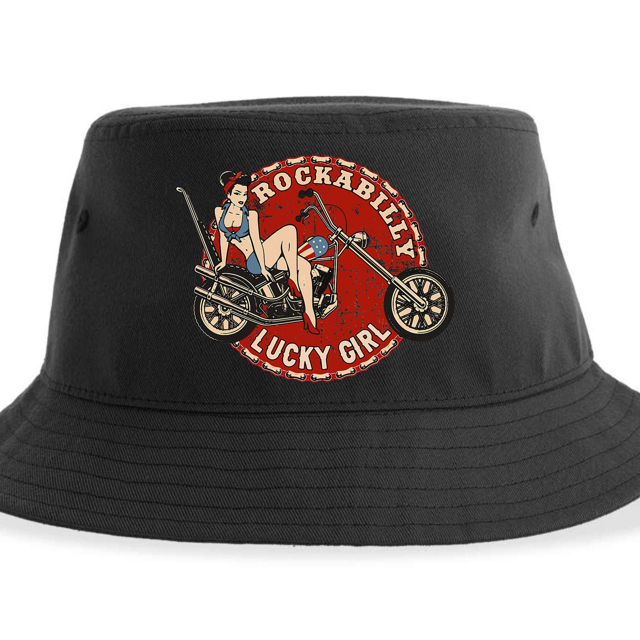 Motorcycle Pinup Girl Old School Rockabilly Lucky Girl Sustainable Bucket Hat
