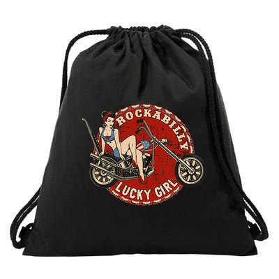 Motorcycle Pinup Girl Old School Rockabilly Lucky Girl Drawstring Bag
