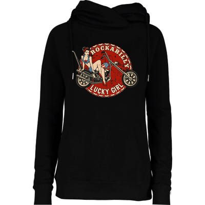 Motorcycle Pinup Girl Old School Rockabilly Lucky Girl Womens Funnel Neck Pullover Hood