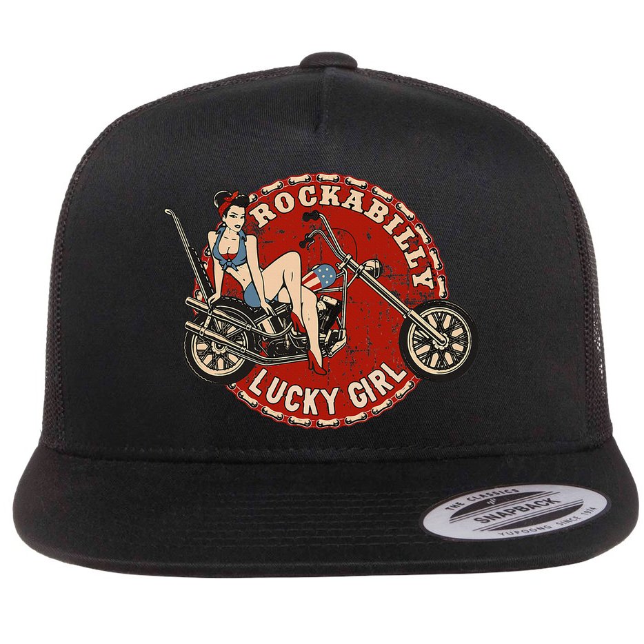 Motorcycle Pinup Girl Old School Rockabilly Lucky Girl Flat Bill Trucker Hat