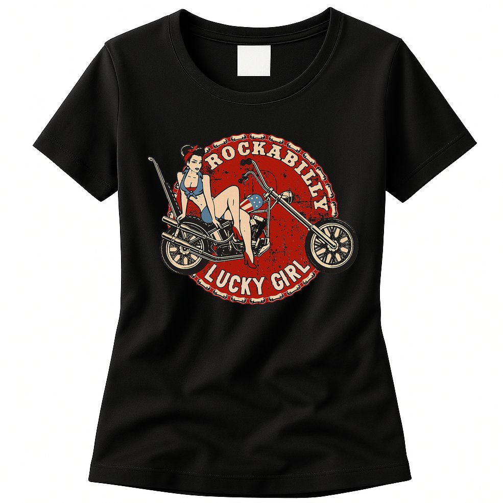 Motorcycle Pinup Girl Old School Rockabilly Lucky Girl Womens T-Shirt