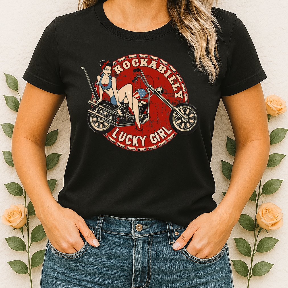 Motorcycle Pinup Girl Old School Rockabilly Lucky Girl Womens T-Shirt