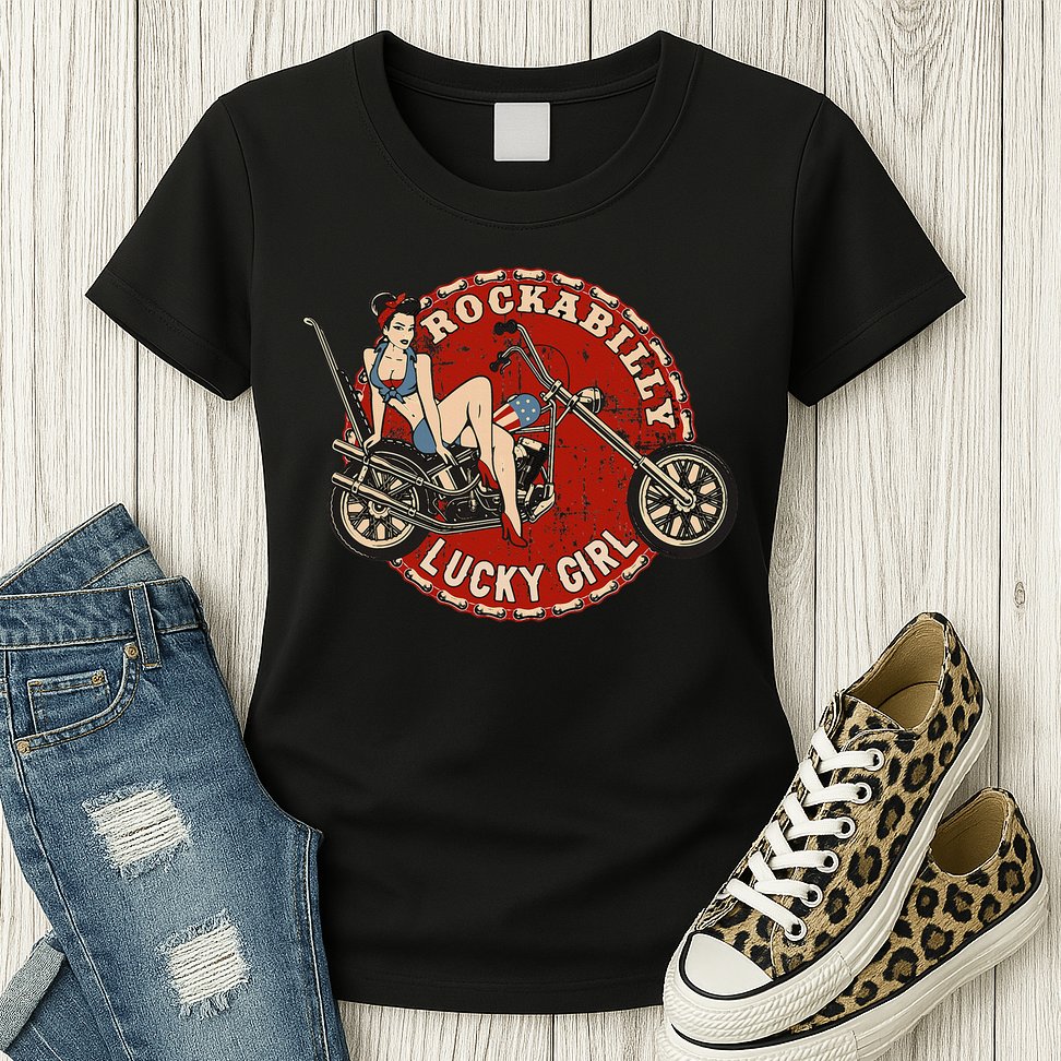 Motorcycle Pinup Girl Old School Rockabilly Lucky Girl Womens T-Shirt