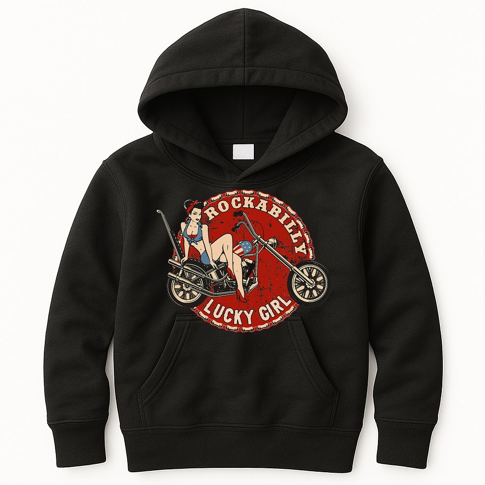 Motorcycle Pinup Girl Old School Rockabilly Lucky Girl Kids Hoodie