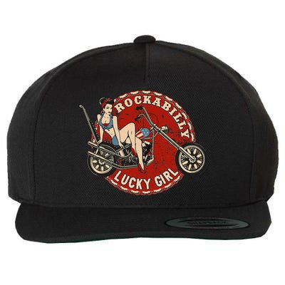 Motorcycle Pinup Girl Old School Rockabilly Lucky Girl Wool Snapback Cap