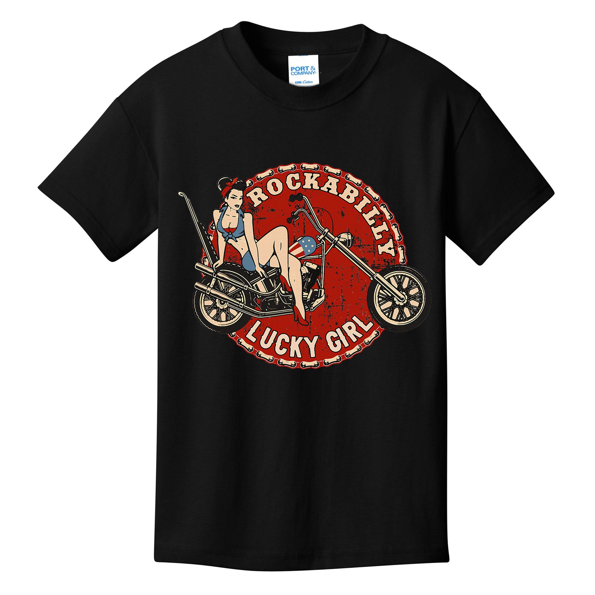Motorcycle Pinup Girl Old School Rockabilly Lucky Girl Kids T-Shirt