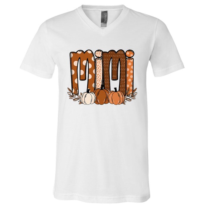 Mimi Pumpkin Halloween Thanksgiving Grandma Fall Leaves V-Neck T-Shirt