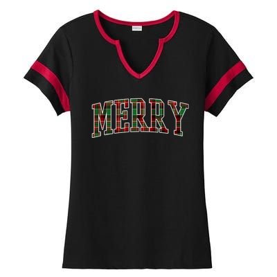 Merry Plaid Holiday Christmas Ladies Halftime Notch Neck Tee