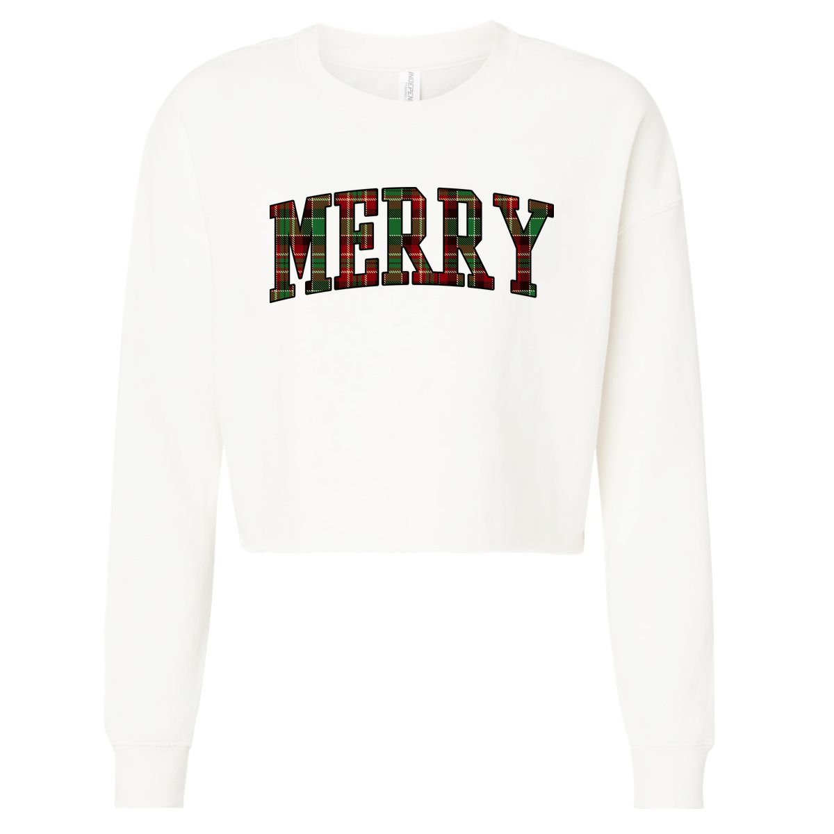 Merry Plaid Holiday Christmas Cropped Pullover Crew