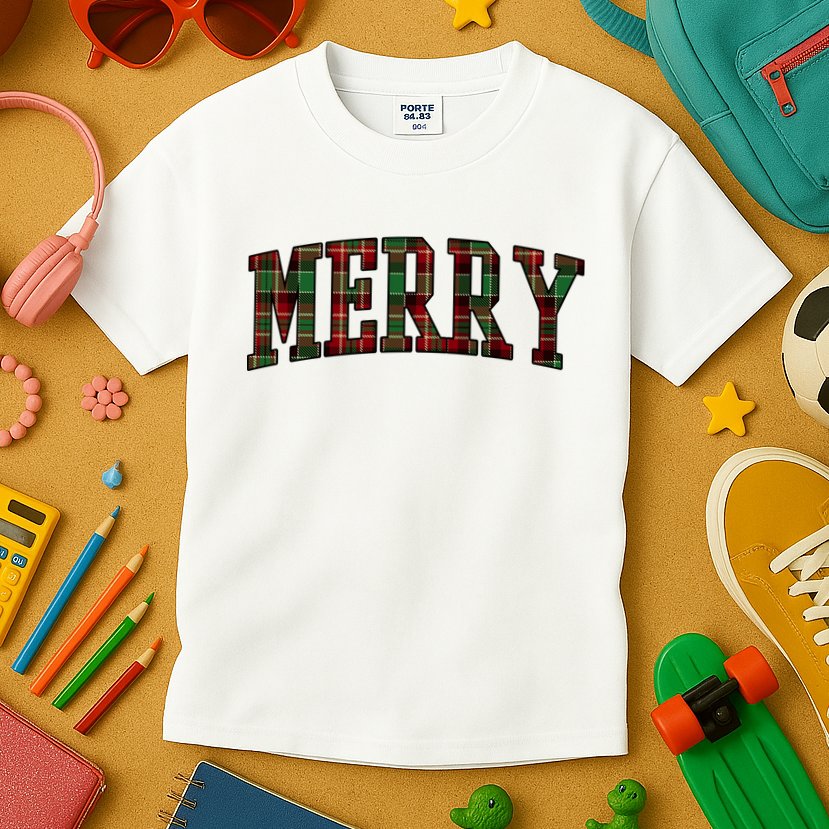 Merry Plaid Holiday Christmas Kids T-Shirt