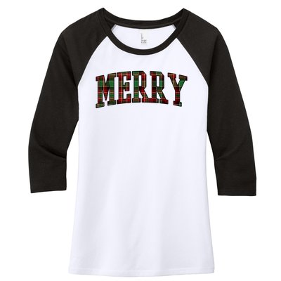 Merry Plaid Holiday Christmas Women's Tri-Blend 3/4-Sleeve Raglan Shirt