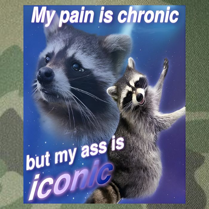My Pain Is Chronic But My Ass Is Iconic Funny Raccoon Meme Legacy Tie Dye Trucker Hat