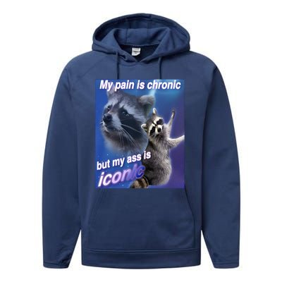 My Pain Is Chronic But My Ass Is Iconic Funny Raccoon Meme Performance Fleece Hoodie