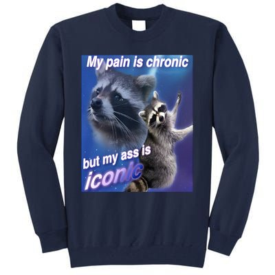 My Pain Is Chronic But My Ass Is Iconic Funny Raccoon Meme Tall Sweatshirt