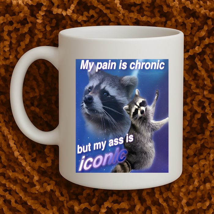 My Pain Is Chronic But My Ass Is Iconic Funny Raccoon Meme Mug