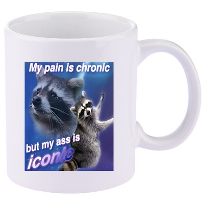 My Pain Is Chronic But My Ass Is Iconic Funny Raccoon Meme 11oz C Handle Ceramic Mug
