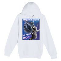 My Pain Is Chronic But My Ass Is Iconic Funny Raccoon Meme Premium Pullover Hoodie