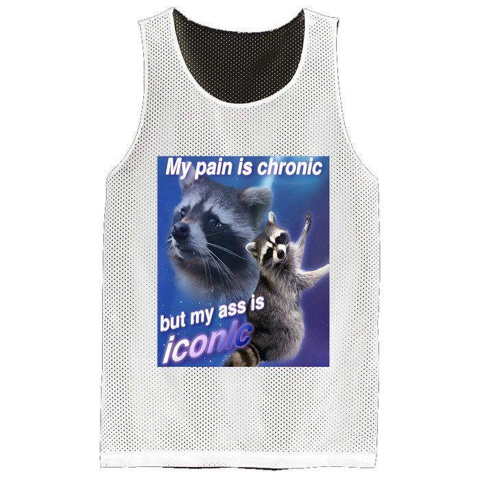 My Pain Is Chronic But My Ass Is Iconic Funny Raccoon Meme Mesh Reversible Basketball Jersey Tank