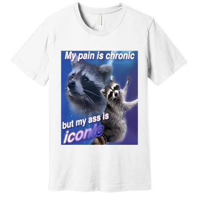 My Pain Is Chronic But My Ass Is Iconic Funny Raccoon Meme Premium T-Shirt