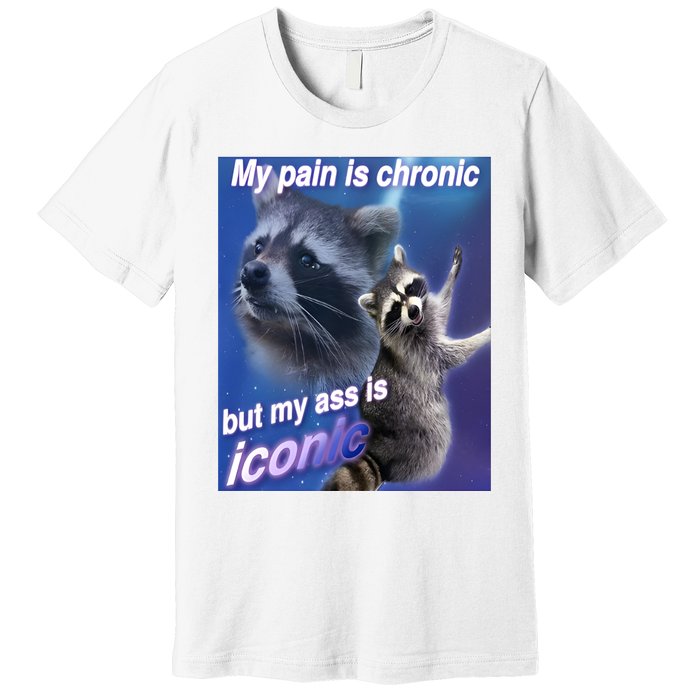 My Pain Is Chronic But My Ass Is Iconic Funny Raccoon Meme Premium T-Shirt